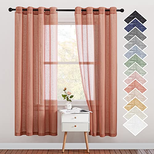 NICETOWN Open Linen Weave Linen Burlap Window Curtains, 72 inches Medium Long Privacy Semi-Transparent Sheer Panels for Farmhouse/Bedroom, Terracotta=Burnt Orange, 104" Wide Total 2 Panels