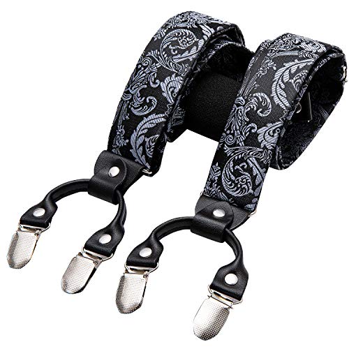 Image of Barry.Wang Men Suspender Set with Necktie Elastic Y Type Heavy Duty 6 Clips Braces Tie Handkerchief Cufflink Pin 6PCS