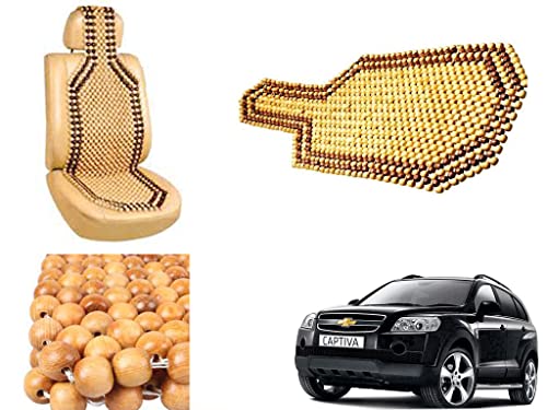 Image of Car Bead Seat Wooden Beads Cushion Cover Pad for Chevrolet Captiva, Acupressure Sitting Seat Cover | Cream Color - Pack of 1