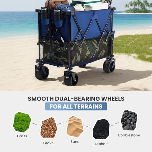 Image of DUMOS 440LBS Heavy Duty Double Decker Wagon Cart with Extender, 400L Large Capacity Collapsible Folding Wagons with Brakes, Adjust Handle, All-Terrain Big Wheels for Garden Shopping Camping - Blue