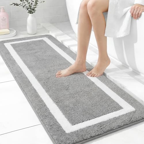 Famibay Große Badematte rutschfest 50x140cm Grau Badezimmerteppich Wasserabsorbierend Badvorleger Waschbar Weich Mikrofaser Badteppich für Badezimmer