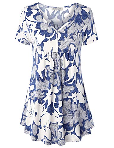 BAISHENGGT Women's V Neck Buttons Pleated Flared Tunic Tops Blue Whtie Floral XXL