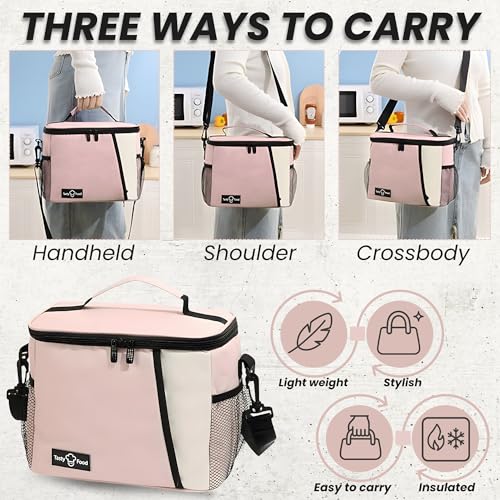 Image of OCEANEVO Insulated Lunch Bag with Luggage Tag, Tiffin Bag for Office with Handle and Shoulder Strap for Men and Women - 25 x 17.5 x 20 Cm - Pink