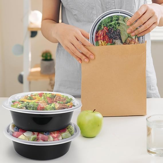 Image of [500 ml (16oz) 15 Count, Round, Black Reusable Plastic Food Storage Containers with Lid | Airtight, Microwave Safe Containers | Perfect for Meal Prep, Storage, Takeaway & Food Delivery
