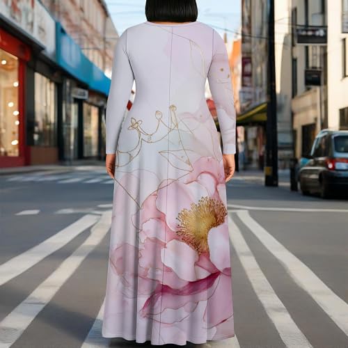 Image of PinkPatty Plus Size Maxi Dress for Curvy Women Crew Neck Long Sleeves Casual Dress Vacation Sundresses with Pockets