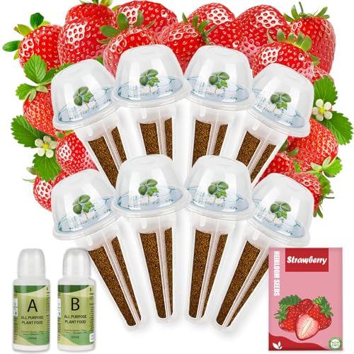 Strawberry Seed pod Kit for Hydroponics Compatible with Aerogarden Includes Seed Grow Sponges Baskets Domes A&B Plant Food - Hydroponics Supplies for Most Brands 8-POD