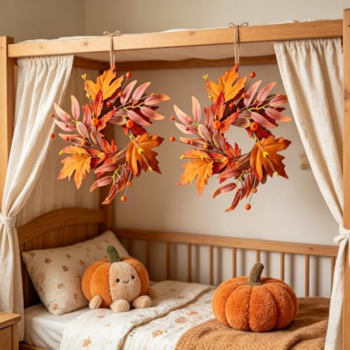 Image of 6 Pcs Mini Fall Wreaths Thanksgiving Table Centerpieces Fall Candle Rings 9 Inch Maple Leaf Wreaths for Cabinets Farmhouse Autumn Wreath for Front Door Porch Wall Window Decorations