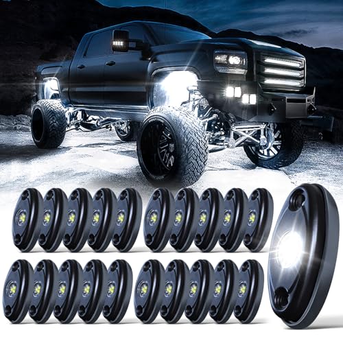 LEDMIRCY LED White Rock Lights 20PCS for Jeep Off Road Truck ATV SUV RZR Auto Car Boat Waterproof High Power Underglow Neon Lights Underbody Trail TRAI Rig Lights Shockproof(20 Pods White)