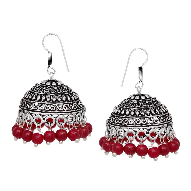 Silver Fashion Maroon Color Beads Oxidised jhumki Earring For Girls-image-40