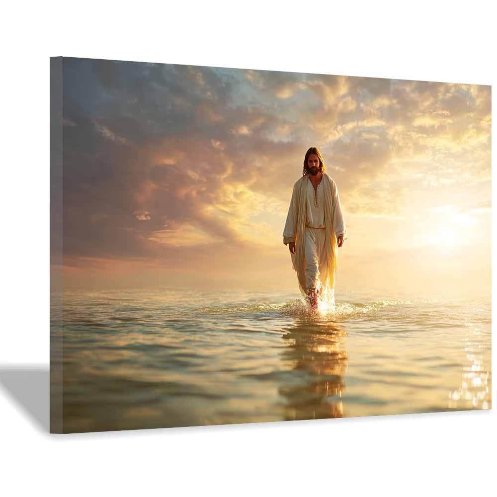ZAMAEIU Jesus Christ Classic Painting Style Water's light Religious Figure Wall Art Print,Room Decor for living room, bedroom, church, hospital(white)-30x50cm Framed