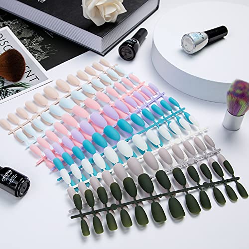 Press On Nails Short Acrylic Matte Coffin Medium Length, 192PCS Professional Nail Art Tips Sets, False Nails Supplies Solid Color Fake Nails with Adhesive Tabs Nail File for Women By OPOVE