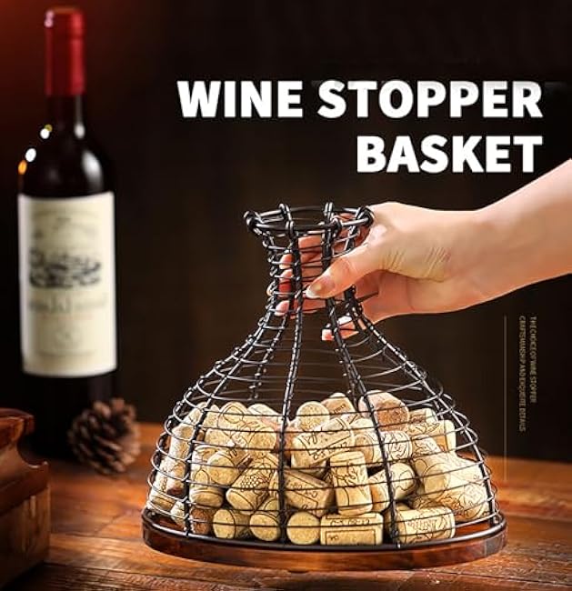 Wine Cork Holder Decorative Wine Stopper Container Wine Cork Storage with Wooden Bottom Cork Collector Basket Kitchen Decor for Wine Lover Gift (Rustic Bronze)