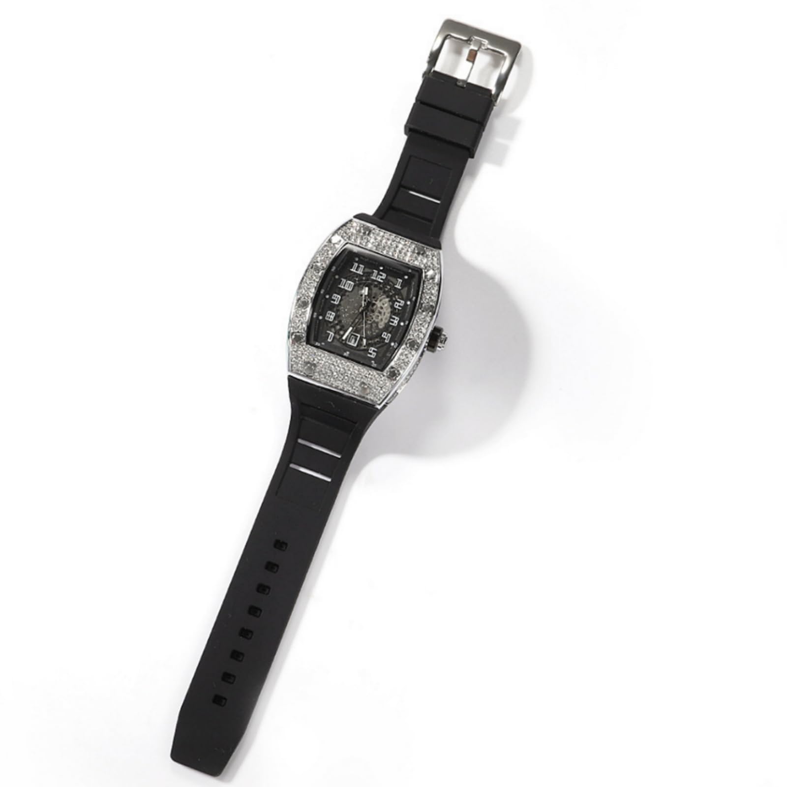 ICEDIAMOND Bling CZ Diamond Skeleton Barrel Dial Orologio al quarzo orologio da uomo con calendario giorno ghiacciato Hip Hop Fashion Watch, Nero-argento, Moda