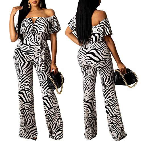 Cutielove Women's Sexy Off Shoulder Jumpsuits Casual Wide Leg Long Pants Rompers Zebra Print One Piece Jumpsuits With Belt #TOP2