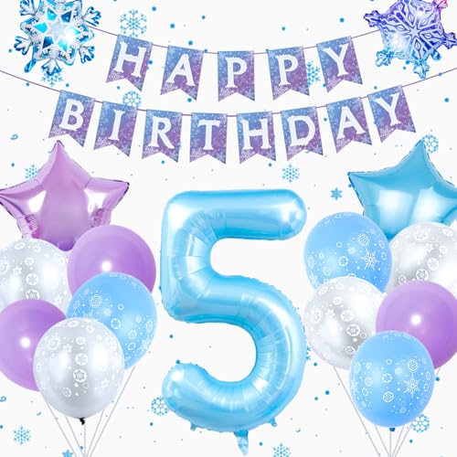 Décorations de fête d'anniversaire La Reine des Neiges avec ballon bleu en forme de chiffre 5 de 101,6 cm, bannière d'anniversaire de la Reine des Neiges et...