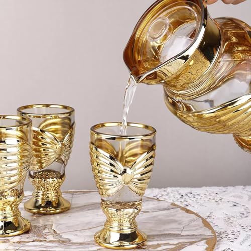 Image of Luxury Golden Glass Water Jug & Glasses Set of 7, Crystal Drinking Set with 1 Pitcher & 6 Glasses, Decorative Gold Jug Set for Water, Juice, Mocktail, Home, Dining Table & Party