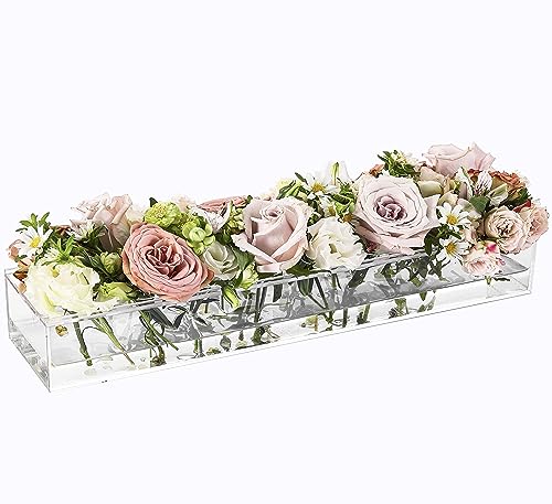 IEEK Acrylic Flower Vase Rectangular Clear Floral Centerpiece for Dining Table,16.55 Inch Long Rectangular Acrylic Vase,Modern Decorative Vases for Home Kitchen Dining Room and Wedding Tables Decor