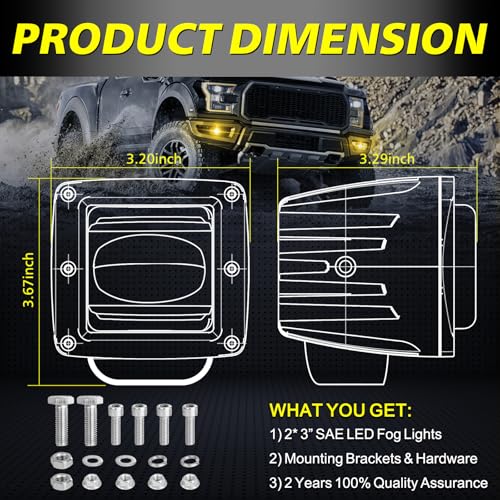 Image of 3 inch SAE Yellow Fog Lights DOT Approved Square LED Cubes for Trucks | Street Legal SAE DOT Fog Light, Cut-off Beam Fog Beam