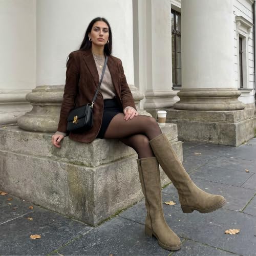Image of VIUGJNEX Knee High Boots Women Low Heel Flat Chunky Fall Tall Riding Boots