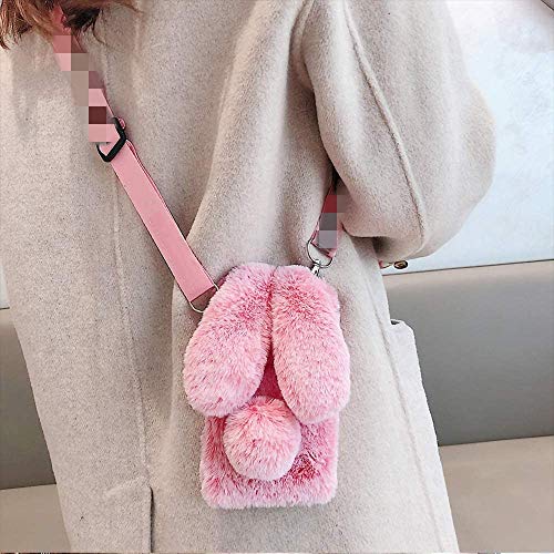 for LG Stylo 6 / LG K71 Phone case Rabbit Fur Fluffy Bunny Ears Frost Furry Fuzzy Phone Case for Woman Girls Soft Covers with Crossbody Strap (Pink)