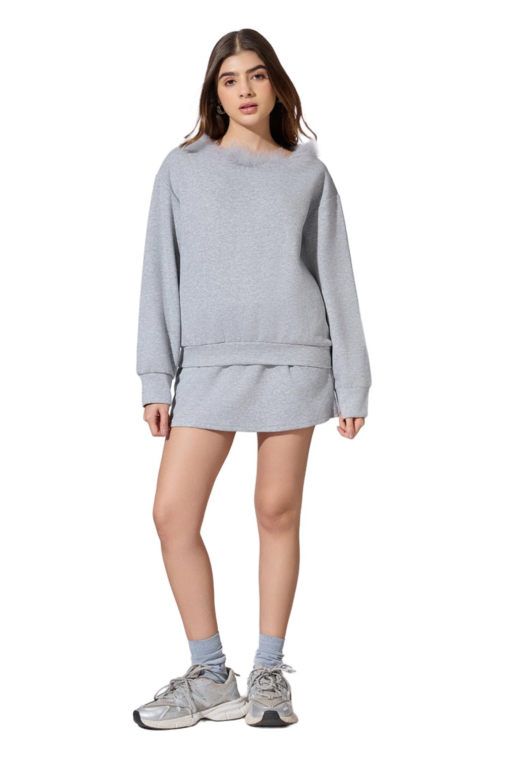 Edition Women's Grey Sweatshirt with Mini Skirt Co-Ord Set-CHN-1328_Grey-P-image-29
