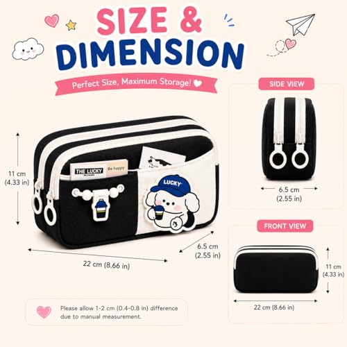 Image of Kawaii Cute Aesthetic Pencil Case for Girls & Boys | 3 Layer 6 Compartment Large Capacity Pencil Pouch with Zipper | Cartoon Stationery Organizer Bag for Students & Kids (Black)