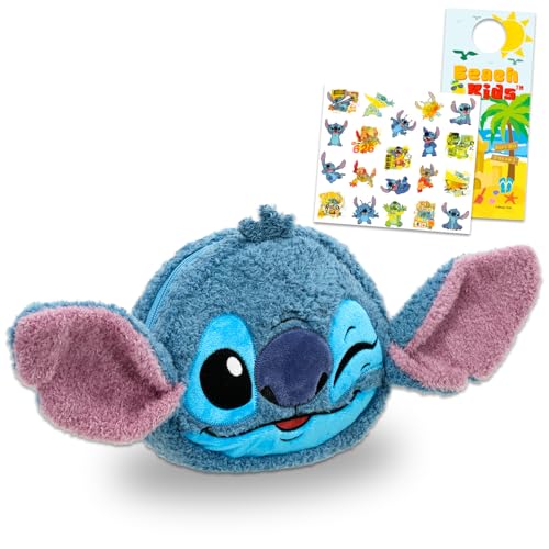 Disney Conjunto de bolsas de cosméticos Stitch – Pacote com bolsa de cosméticos de pelúcia para maquiagem, artigos de higiene para viagem, mais adesivos | Bolsa de viagem Lilo e Stitch para meninas