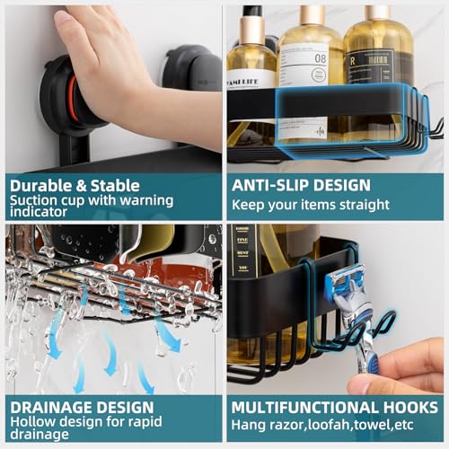 Image of TAILI Shower Caddy Suction Cup Rustproof Metal Visible indicator Black