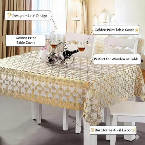 Image of CASA-NEST PVC Gold Embossed Exclusive Table Cover, Size 36X54, 4 Seater Golden Table Cover, Gold001 (Gold1), Rectangular