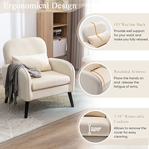 Kinffict Modern Accent Chair, Velvet Tufted Upholstered Armchair With Pillow, Mid Century Sofa Lounge Reading Chair With Metal Legs For Living Room, Bedroom, Balcony (Cream) #TOP3