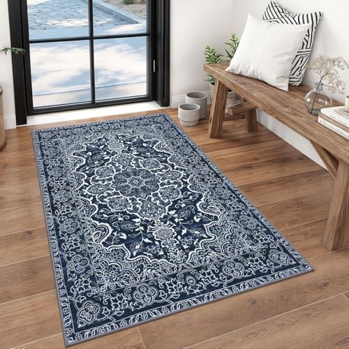 KUTA 3x5 Vintage Area Rug, Vintage Floral Rugs for Living Room Navy Blue Washable Kitchen Non-Slip, Ultra Soft Printed Medallion Tribal Entry Low-Pile Carpet for Bedroom Nursery Dorm Décor