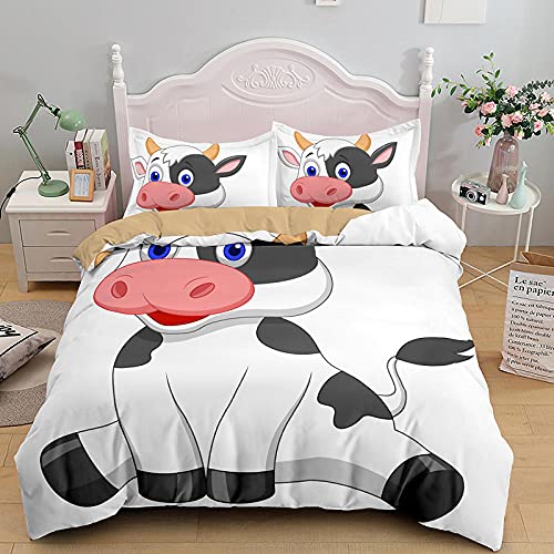 Housse de Couette 140x200 cm Enfant Vache BlancheParure de Lit en Microfibre avec Taie d'oreiller, Ensemble de Literie avec Parure Housse Couette + 2 Taies d'oreiller Cover