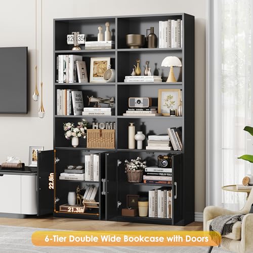Bookshelf and Bookcase with Doors, 6 Tier Double Wide Large Bookshelves, Open Display Shelves, 73'' Tall Bookshelf with Storage Cabinets for Home Office, Living Room, Library, Black - Image 6