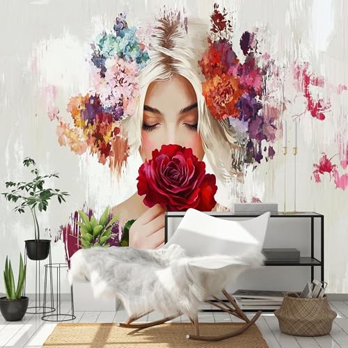 Custom Size Wall Murals - Beauty Wearing Fresh Flowers, Angel Embossed Relief Beauty - Self-Adhesive Removable Stick Wallpaper for Living Room