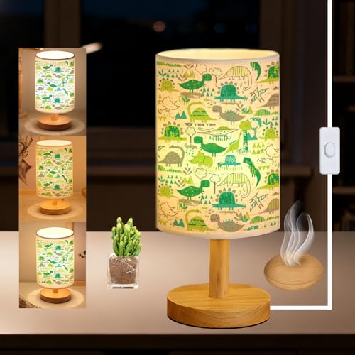 Dinosaur Kids Bedside Table Lamp for Bedroom 3 Colors Nightstand Light Lamp with Wood Base Round Flaxen Fabric Shade Desk Reading Lamp for Girls Boys Room Decor Dinosaur Nursery Stuff Boys Gifts