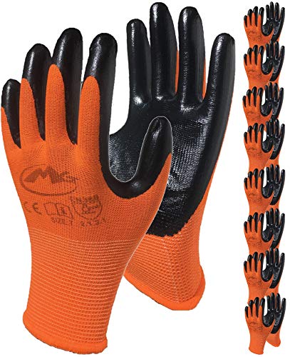 Nitrile Grip Coated Work Gloves - 8-Pair Pack, General Purpose, Utility Work and Gardening, for Men and Women, Orange, Size Medium