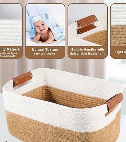 Image of AuraNest Pack of 1-12x8x5 inch, Rectangle Handwoven Jute Cotton Basket | Eco-Friendly Shelf Baskets for Kitchen, Living Room, Office Ideal for Storage, Organization & Gift Hampers (Beige And White)