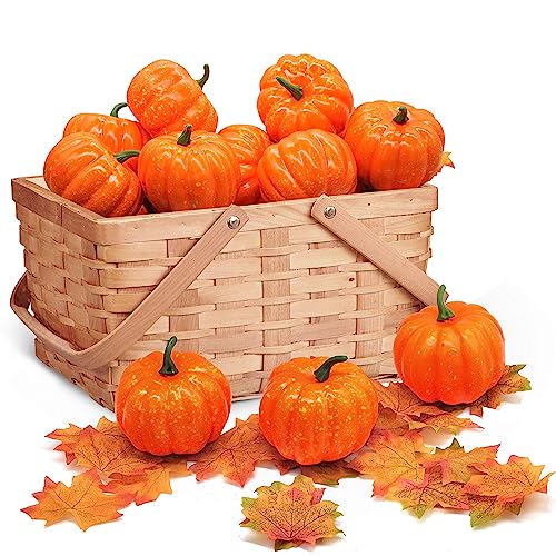 Tiokkss Halloween Decorations 62 PCS Artificial Pumpkins Sets 12PCS Mini Fake Pumpkins with 50PCS Lifelike Maple Leaves Faux Pumpkins for Decorating Fall Harvest Garland Halloween DIY Decorations