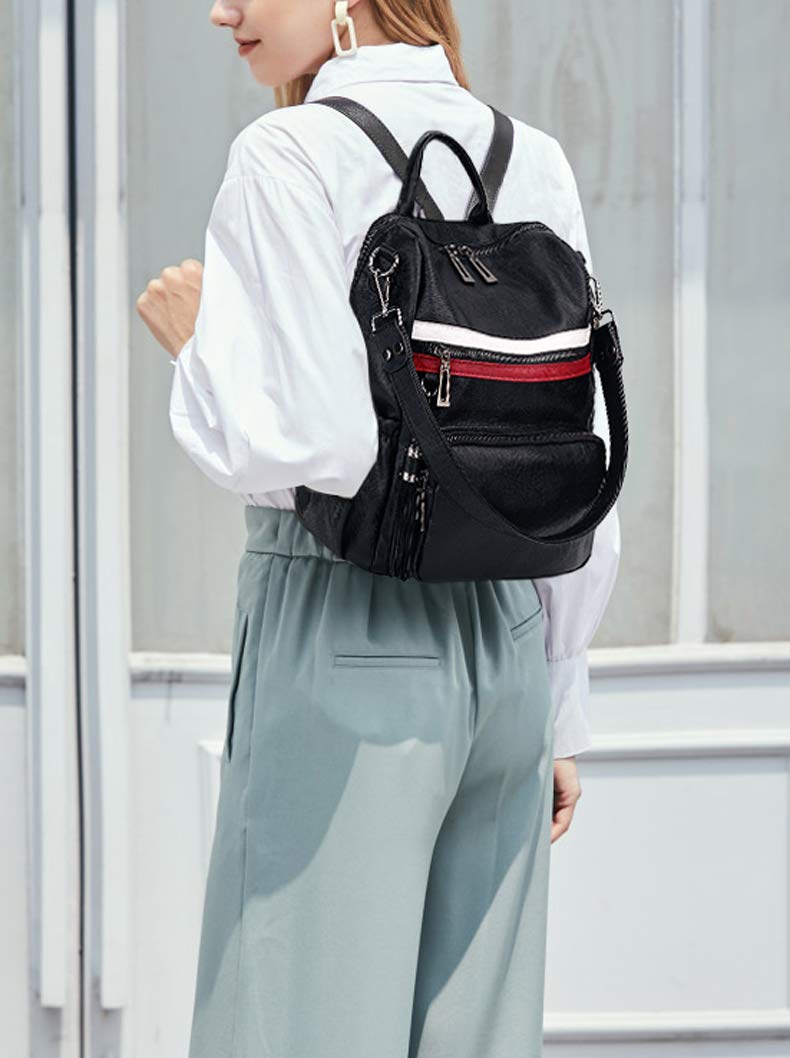 UTO Femme Sac porté Dos Anti-Vol Sac à Main porté épaule Glands Multi Compartiment PU Cuir lavé - 2