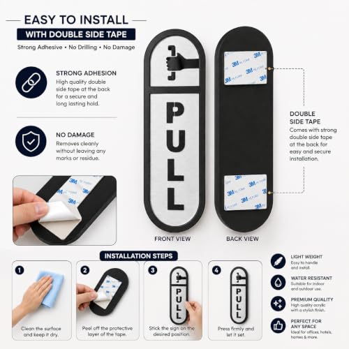 Image of Premium Black & Silver Acrylic Pull Push Door Sign 6 x 2 Inch | Self-Adhesive Door Signage for Hotel, Office, Corporate, Resort, Business, Shop, Cafe & Restaurant | Easy Mount Sign Board