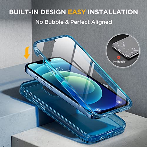 Image of Miracase Glass Series for iPhone 12 /12 Pro - Full-Body Rugged Protective Case with Built-in 9H Tempered Glass Screen Protector and Camera Lens Protector - Glitter Blue