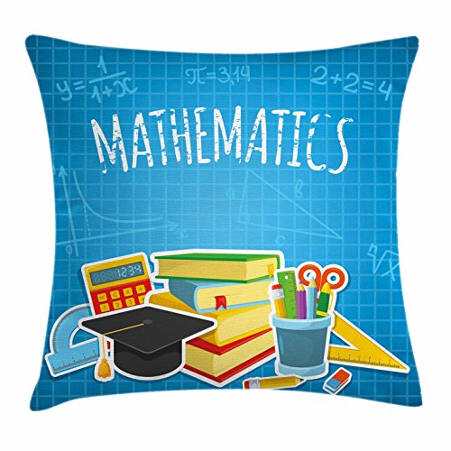 Lunarable Mathematics Room Throw Pillow Cushion Cover, Science Concept and College Supplies Set Books Cap, Decorative Square Accent Pillow Case, 26