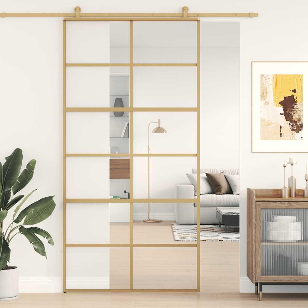 Drzwi przesuwne Golden 102,5 x 205 cm, przezroczyste szkło ESG, aluminiowa rama, drzwi wewnętrzne z wkładką szklaną do renowacji nowego budynku, przejścia mieszkania, z ramą dla ochrony przed