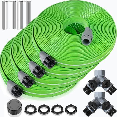 LAVEVE Heavy Duty Sprinkler Soaker Hose 100 FT Flat Garden Hose with Holes Efficient Flexible Irrigation Hose for Yard Lawn and Garden Includes Stakes (25FT x 4Pack)
