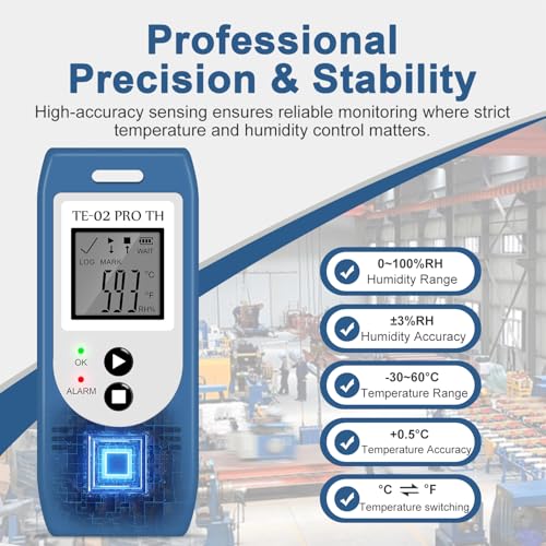 ThermElc TE-02 Pro TH USB Temperatur Luftfeuchtigkeits Datenlogger – Hochpräziser Temperaturleistungsmonitor, Auto PDF/CSV-Berichterstellung, 32.000 Speicherpunkte, CFR Part 21-konform Mit Alarm