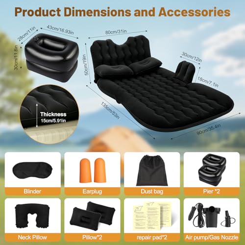 Image of Onirii Inflatable Car Air Mattress Bed with Back Seat Pump Portable Travel,Camping,Vacation,Sleeping Blow-Up Pad fits SUV,RV,Truck,Minivan /Compact Twin Size | Inflatable SUV Camping Sleeping Pad,Blow Up Backseat Car Mattress with Air Pump for Rear Seat