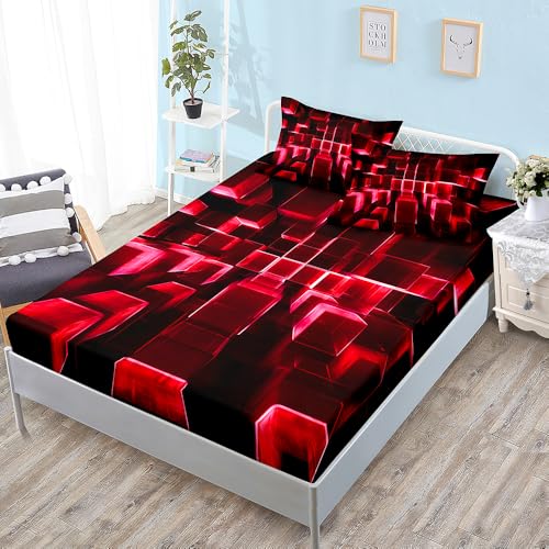 Bed Sheets Geometría Roja Sabanas Bajeras 180x200 Microfibra Sabanas Cama 180 Transpirable Suave Juego de Sabanas 30cm Profundidad Lavable Cubre Colchon Elastico Ajustable
