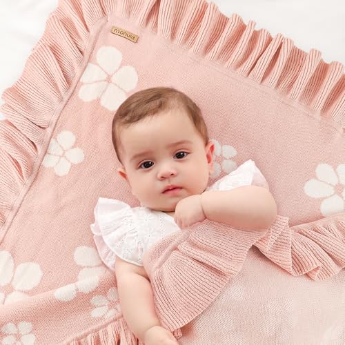 Image of Cotton Knit Baby Blanket with Ruffle Edge - Soft Baby Girl Blanket, Receiving Blanket for Newborn, Stroller & Crib Blanket, Newborn Shower Gift (Pink)