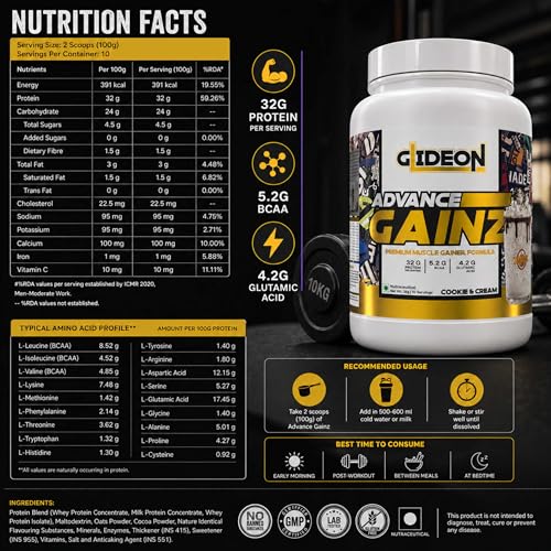 Image of Advance Gainz Weight Gainer | 32g Protein, 5.2g BCAA, 4.2g Glutamic Acid | High Calorie Mass Gainer Powder for Muscle Growth & Weight Gain | Easy Mix Formula (1 kg, Saffron Pistachio)