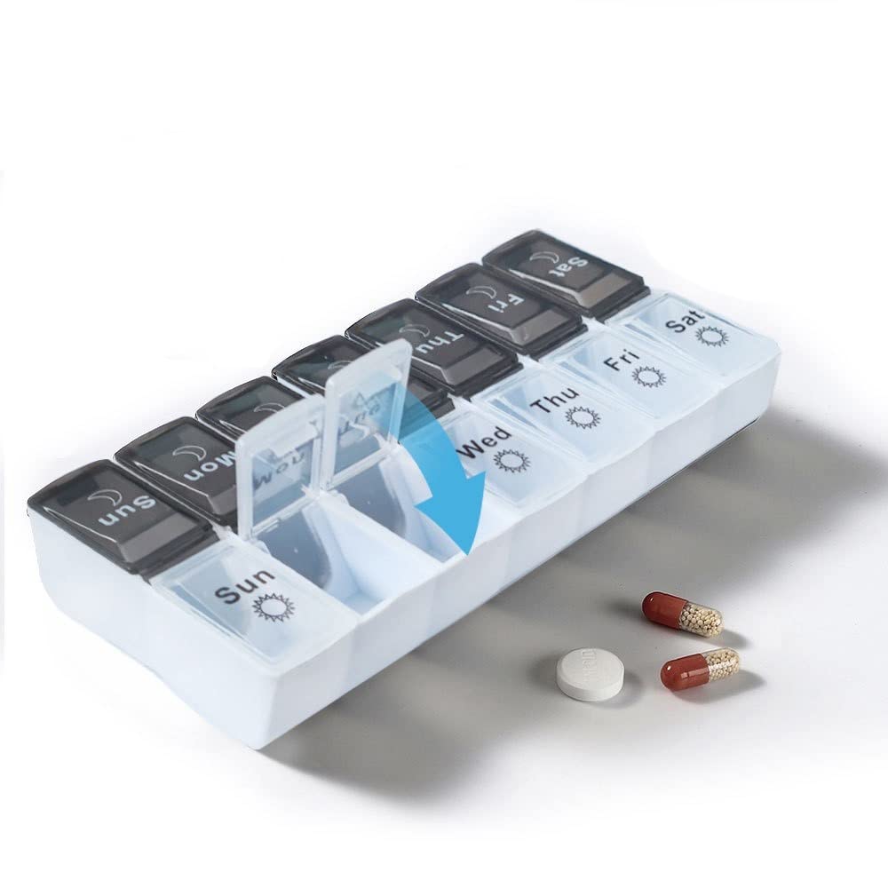 FainFun Pill Dispenser, 14 Compartments, Large 7 Days Morning Evening Medicine Box, Moisture-Resistant, Portable